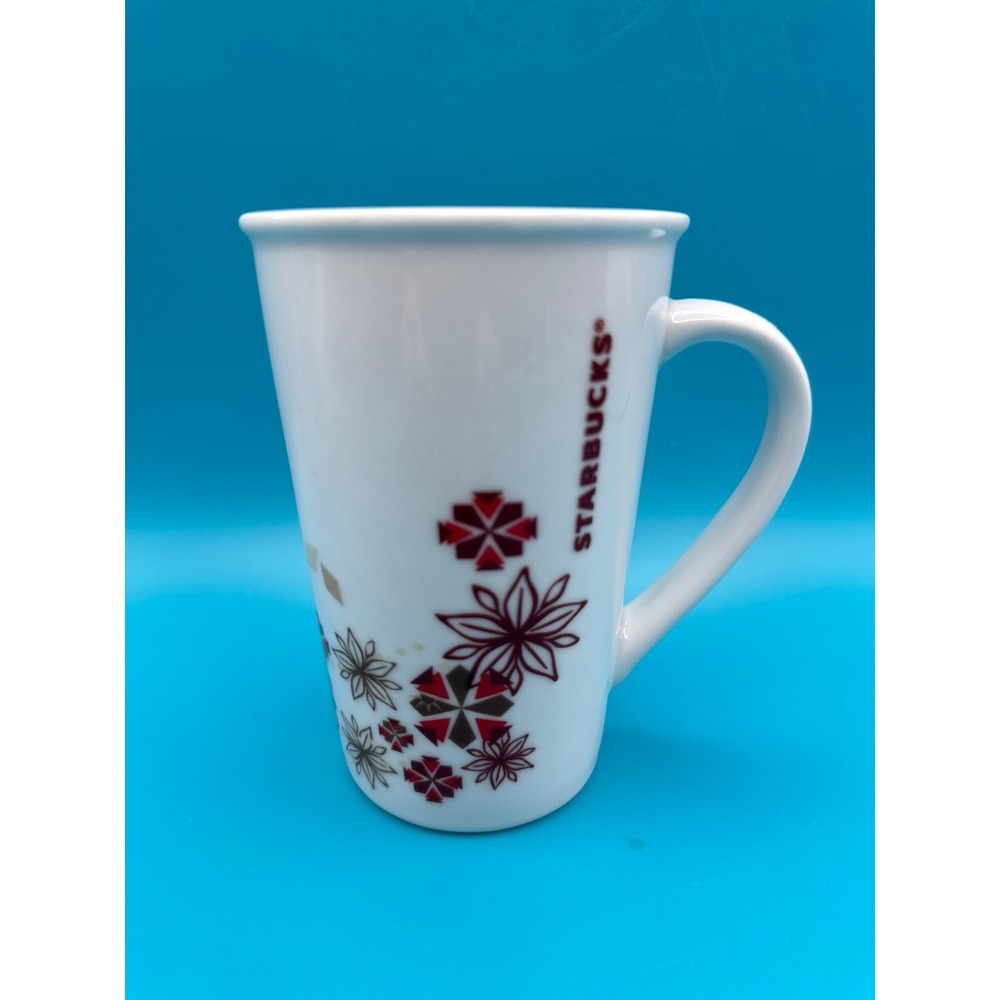 Starbucks Coffee Christmas mug cup tall 12 ounce mod snowflakes poinsettias